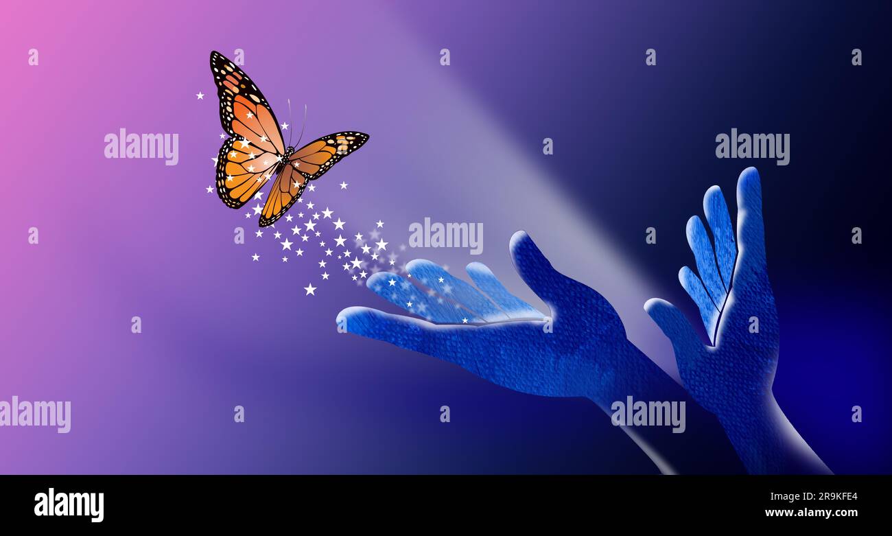 Konzeptionelle abstrakte Grafikkunst von Händen, die versuchen, symbolische Butter in ihren Griff zu bekommen. Glitzernde Sterne tragen zum magischen Fantasiegefühl bei Stockfoto