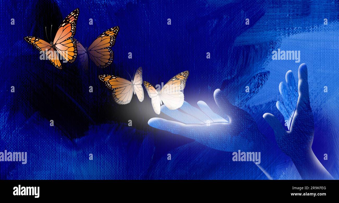 Eine konzeptionelle Grafik, bei der die Hände geöffnet werden, um einen legendären Monarch-Schmetterling freizugeben. Grafischer Hintergrund für Themen wie Magie, Freiheit und Vorstellungskraft. Stockfoto