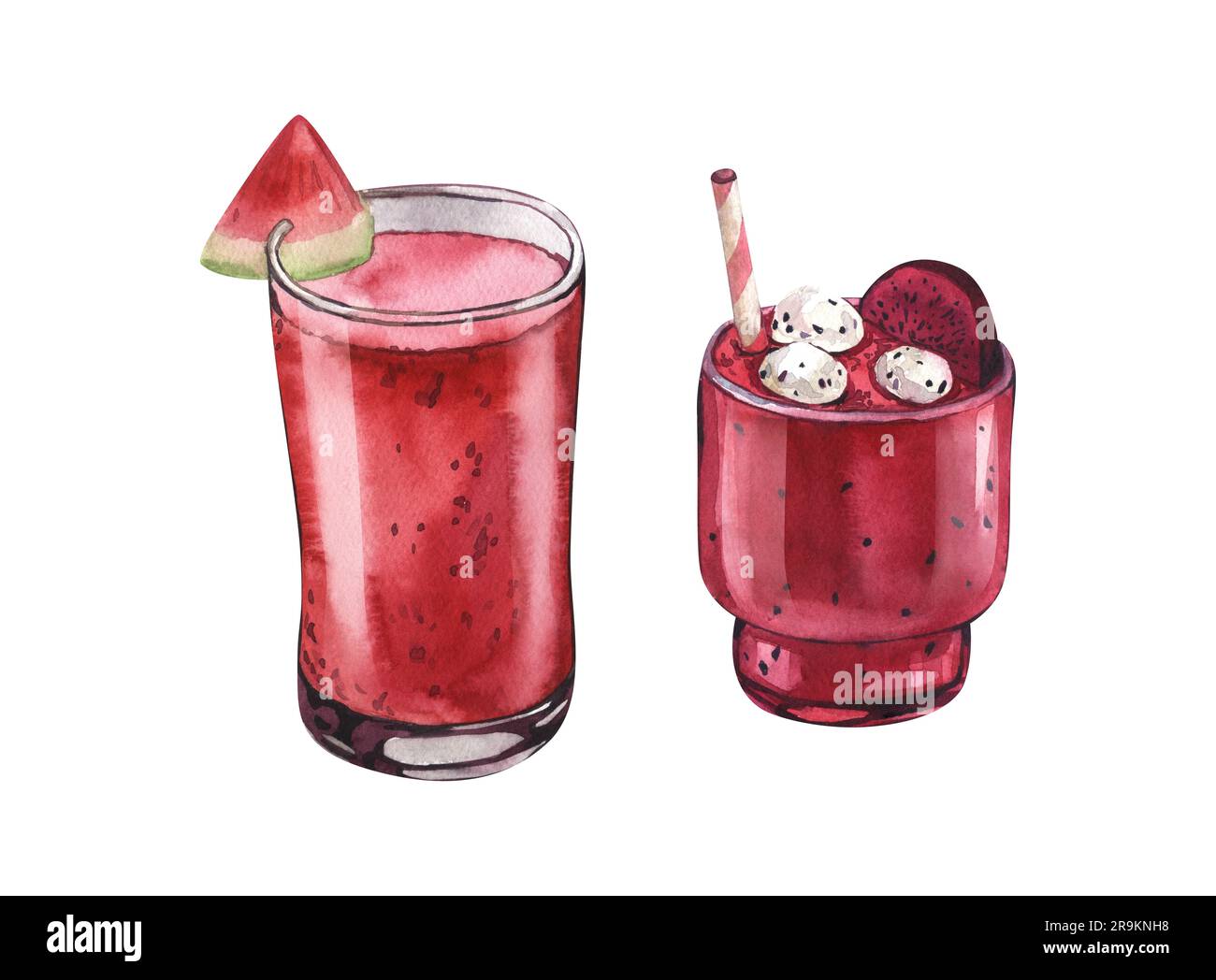 Aquarelle Drachenfrucht Smoothie in Glas und Cocktail Wassermelone mit Obst. Handgezeichnete Darstellung isoliert auf weißem Hintergrund. Perfekt für ein Rezept Stockfoto