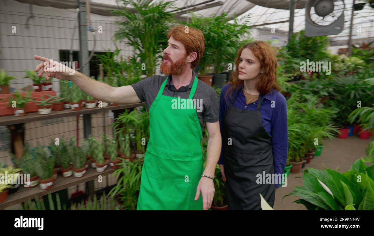 Rundgang durch Mitarbeiter in Plant Store. Männlicher Mitarbeiter, der Einblicke in das Blumengeschäft teilt Stockfoto