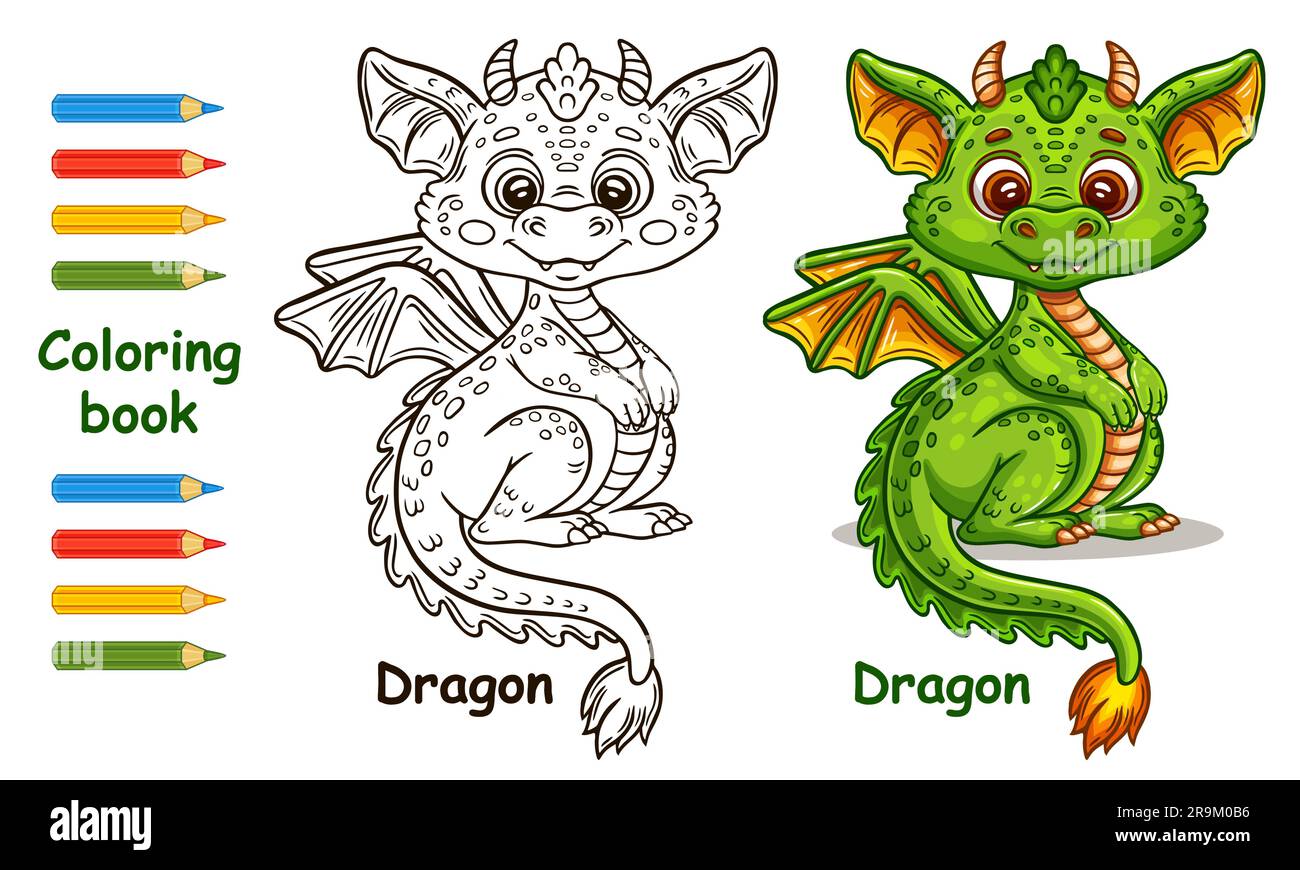 Süße Feen-Drachen-Reptil, Fantasie fliegendes Feuer Eidechsenmonster Tierfigur. Malbuch-Seite für Kinder. Komischer prähistorischer Dinosaurier-Umriss-Vektor Stock Vektor