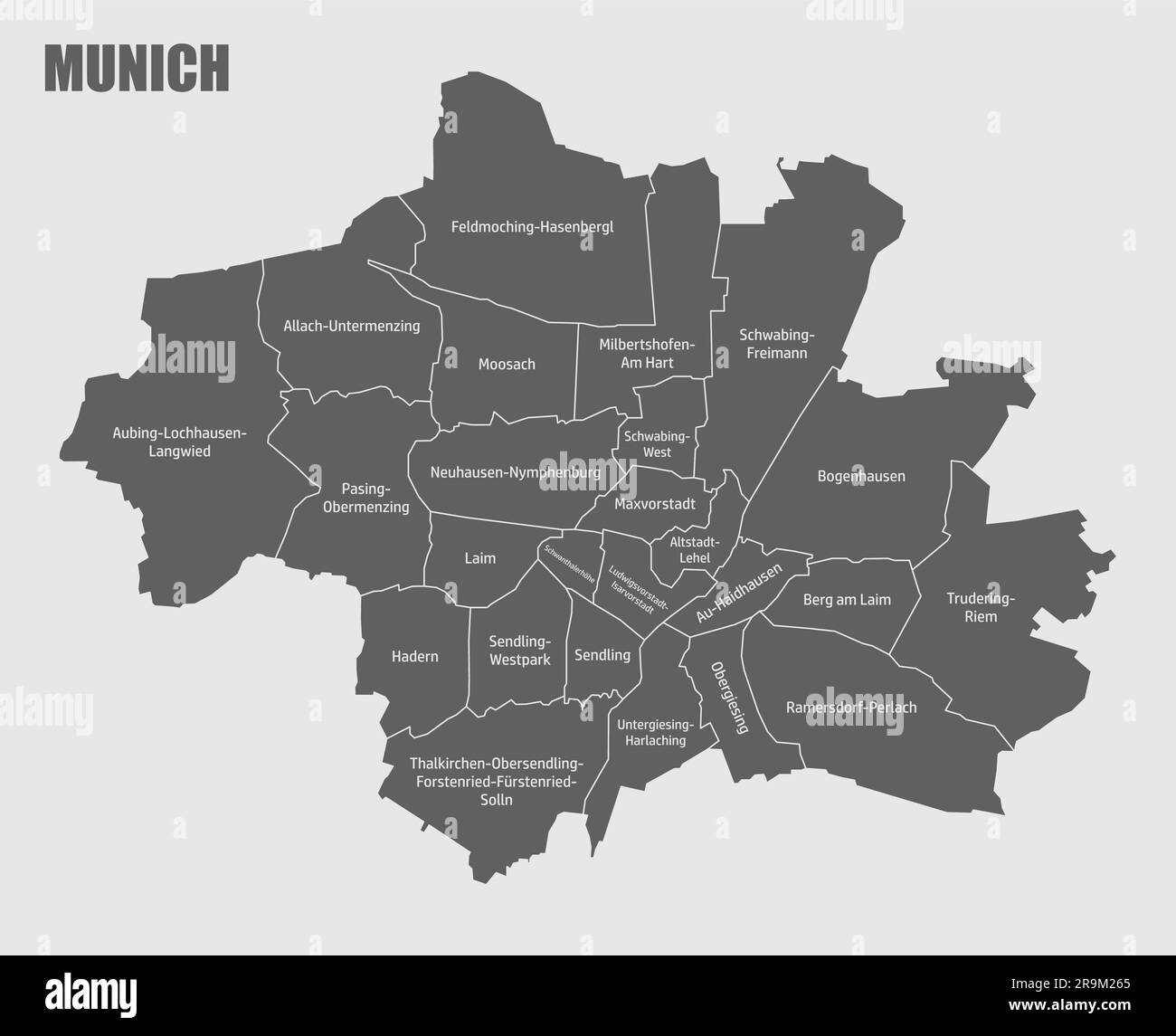 Münchner Stadt, Verwaltungskarte isoliert auf grauem Hintergrund, Deutschland Stock Vektor
