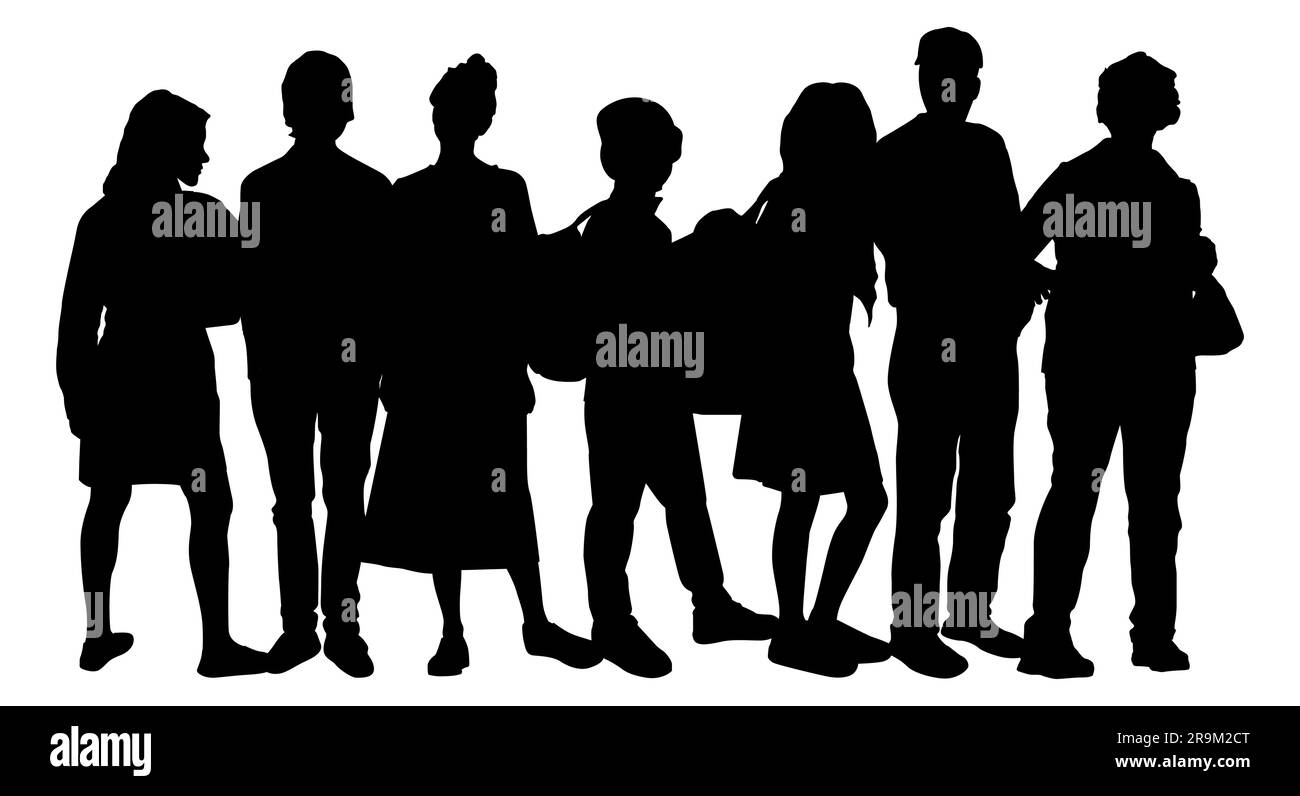 Junge Leute und Teenager, ein älteres Paar. Gruppensilhouette mit unterschiedlichen Menschen. Flachvektordarstellung isoliert im Hintergrund. Stock Vektor