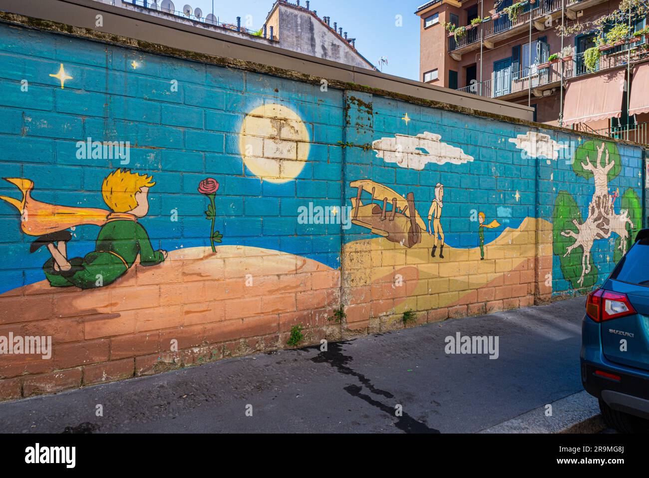 Wunderschönes Wandgemälde an einer Ziegelwand in Mailand, Italien. Basierend auf einem Kinderbuch. Stockfoto
