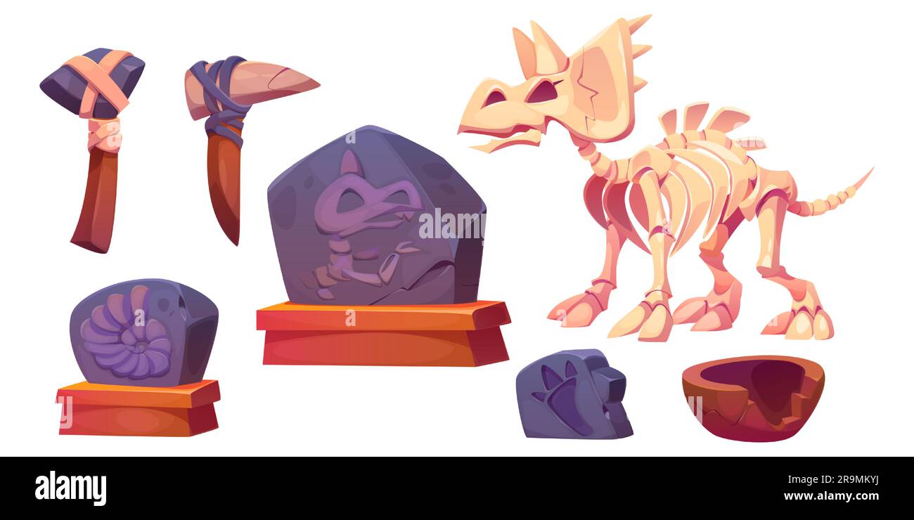 Fossil-Dinosaurier-Skelett für Museumsvektor-Cartoon-Ikonenset. Steinabdruck, Triceratops-Knochen und -Schädel auf dem Hintergrund isoliert. Graben Sie eine uralte jurassic Archäologe Entdeckungsausstellung mit zerbrochener Vase Stock Vektor