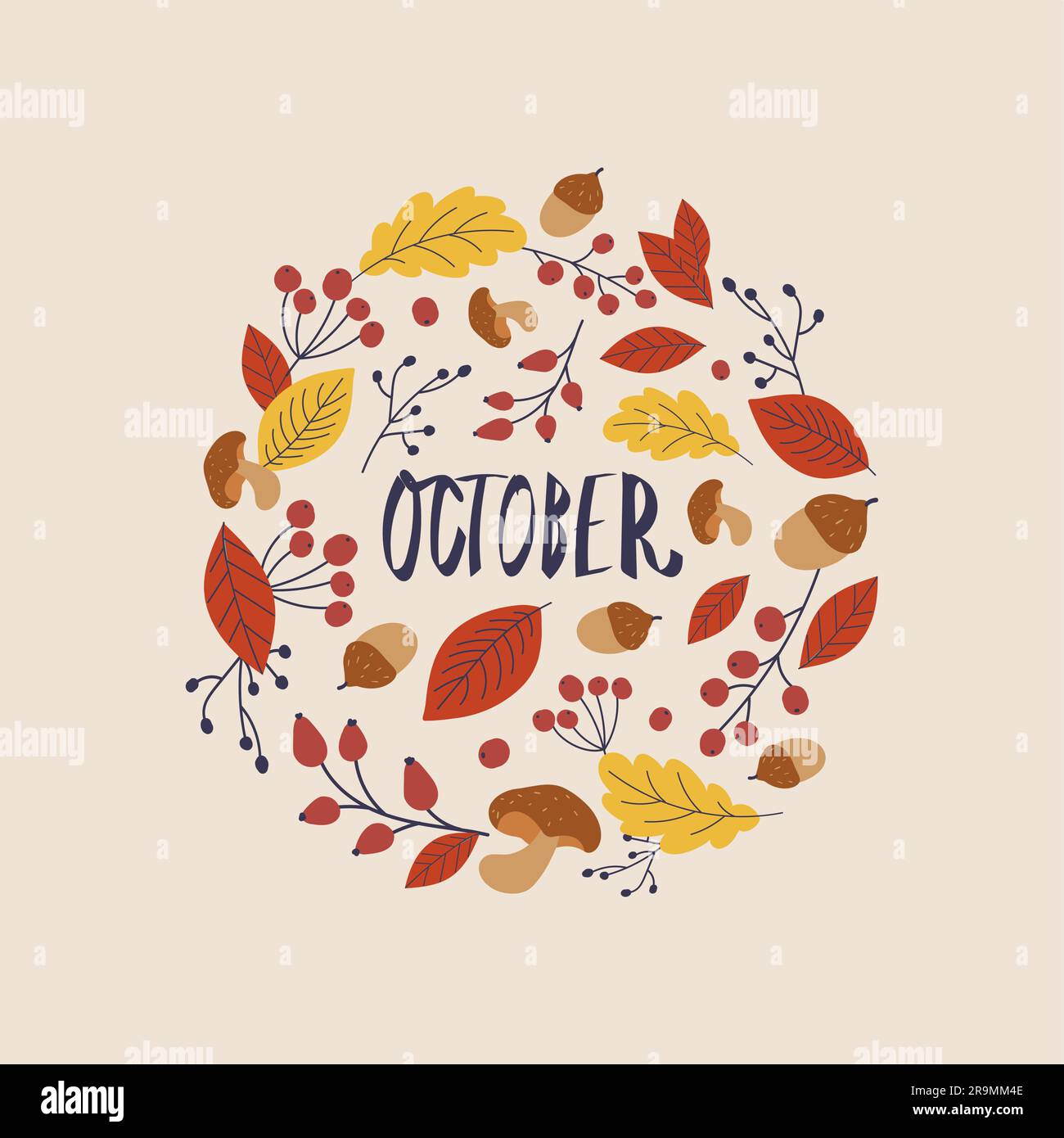Oktober-Muster mit orangefarbenem Laub, Pilzen, Eicheln, Ahornblättern, roten Rosenhüften, rowan. Vektordarstellung Erntehintergrund Oktober. Natürliches Design. Herbstkunst Stock Vektor