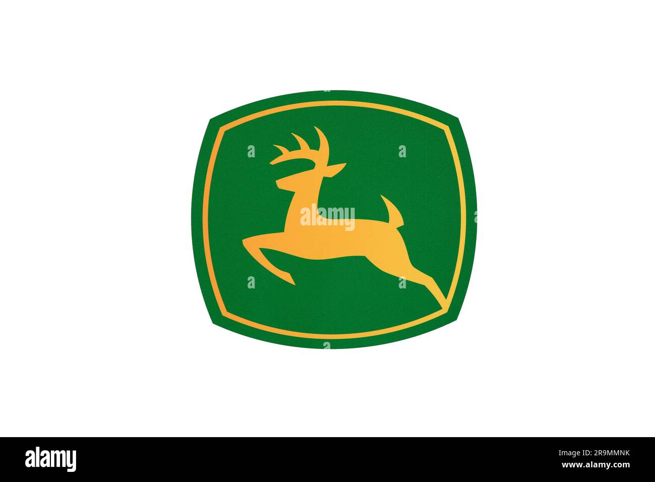 John Deere Logo auf weißem Hintergrund. Deere & Company ist eine amerikanische Marke und Hersteller landwirtschaftlicher und industrieller Geräte. Salo, FI. 2023. Stockfoto