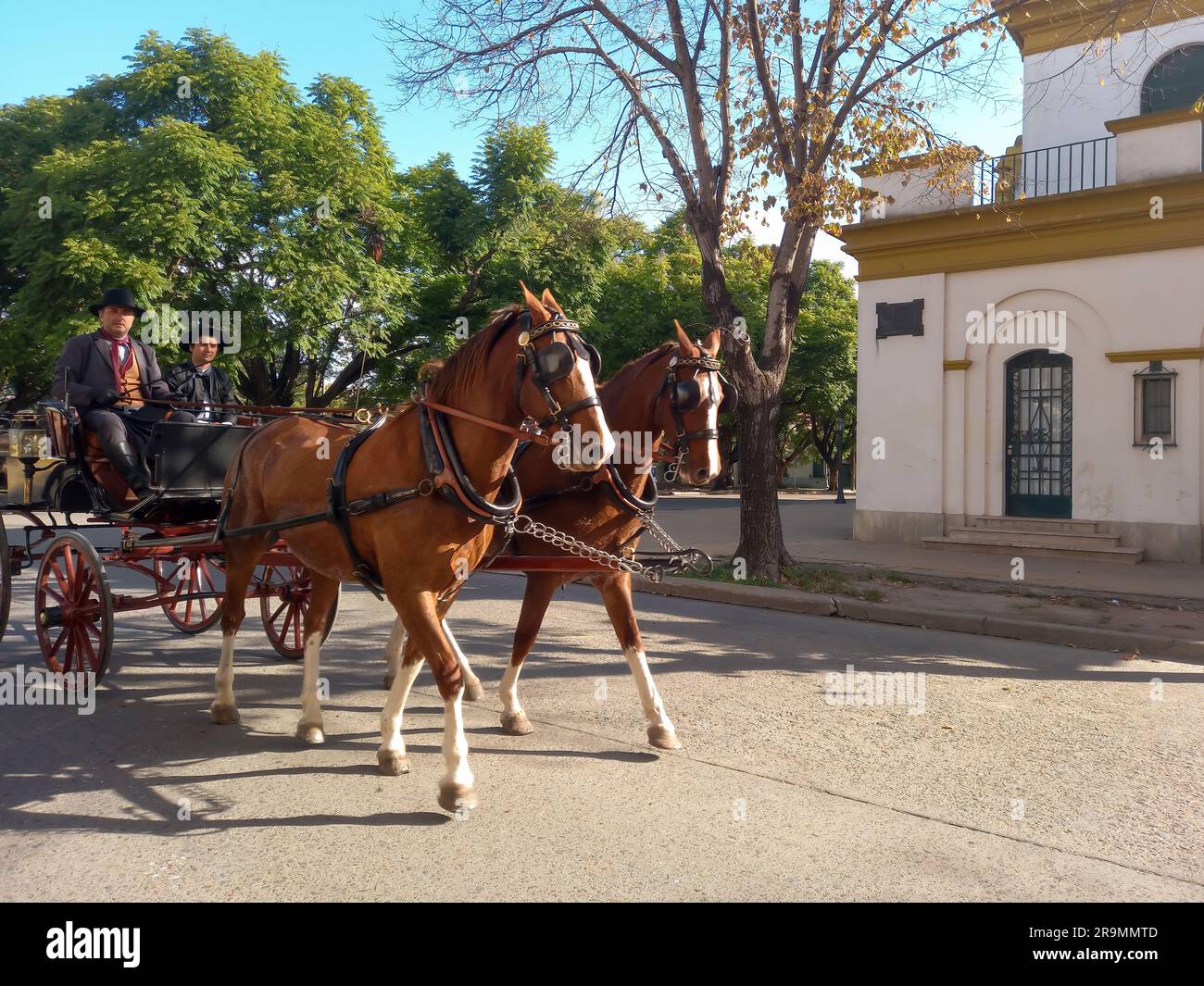 Gauchos in traditioneller Kleidung während einer Parade durch die Straßen einer ländlichen Stadt in Pferdewagen. Stockfoto