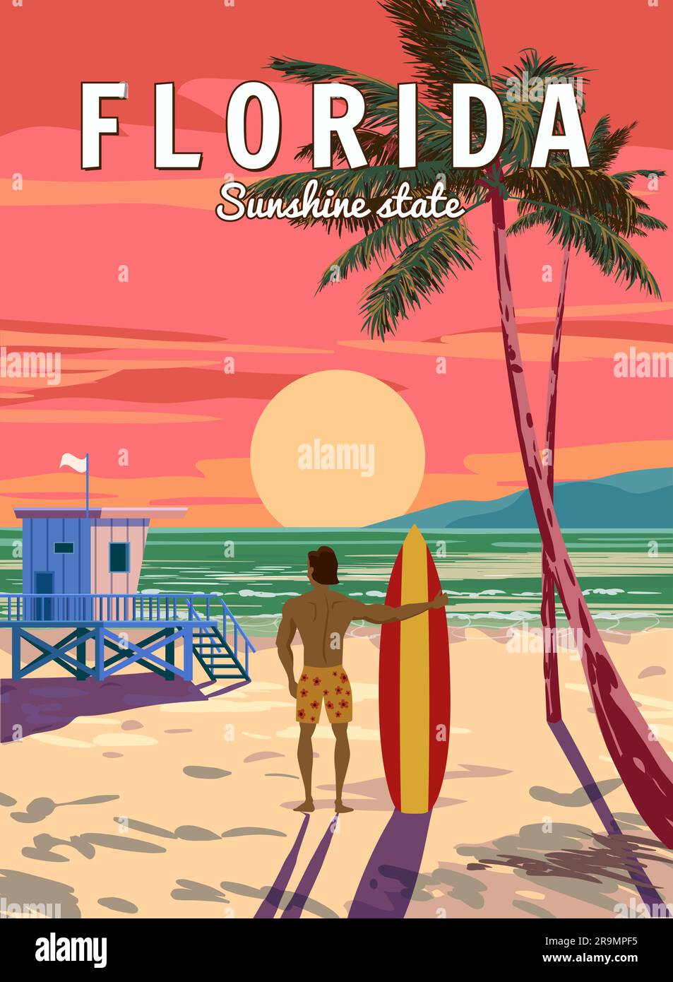Florida Soutn Beach Retro Poster, Surfer mit Surfbrett. Rettungsschwimmhaus am Strand, Palmen, Küste, Surfen, Meer. Vektordarstellung Vintage Stock Vektor