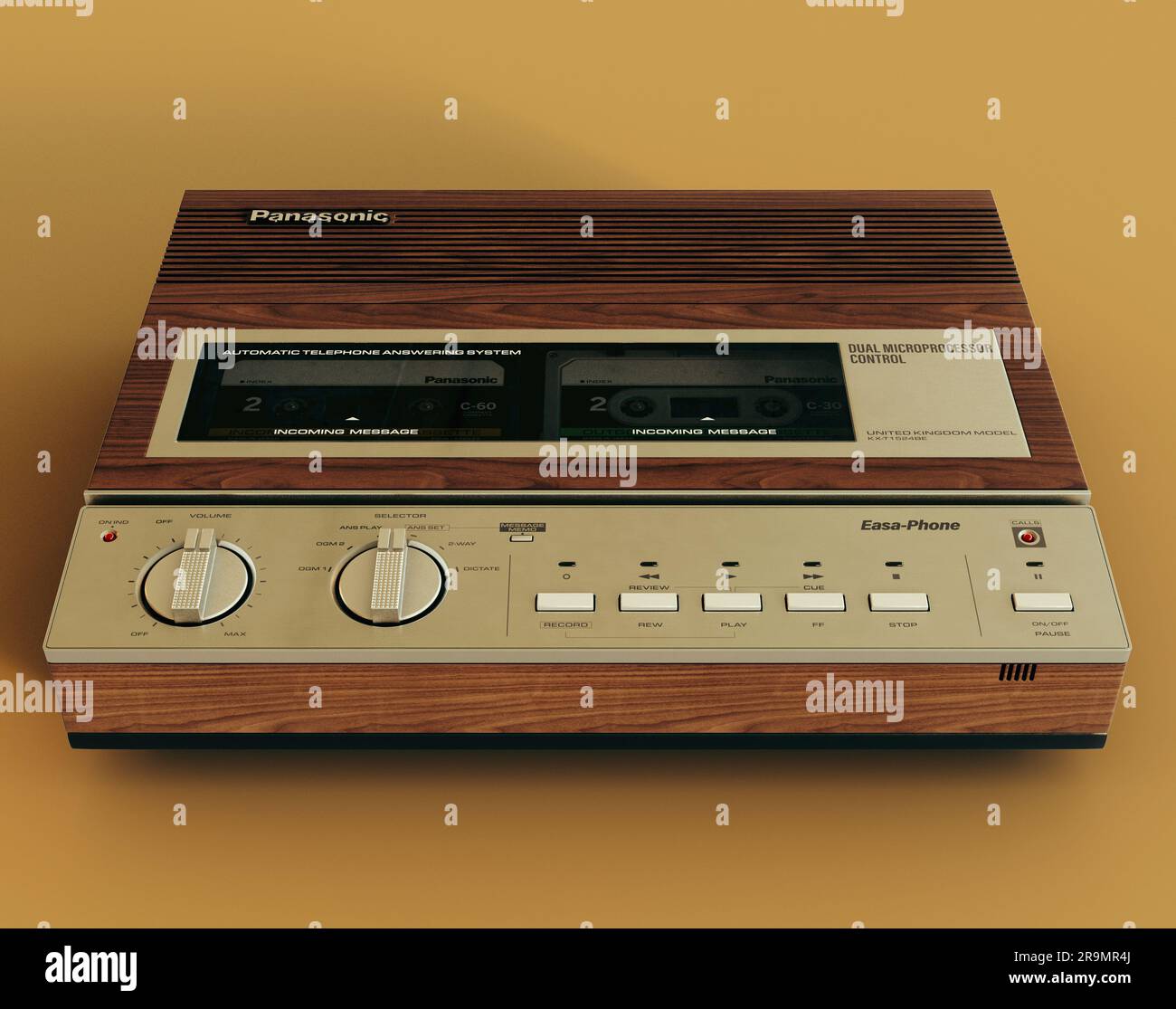 Rendering eines Panasonic-Anrufbeantworters aus den 80er Jahren im Jahr 3D auf senffarbenem gelbem Hintergrund - 07. Juni 2023 in Bristol, Großbritannien Stockfoto