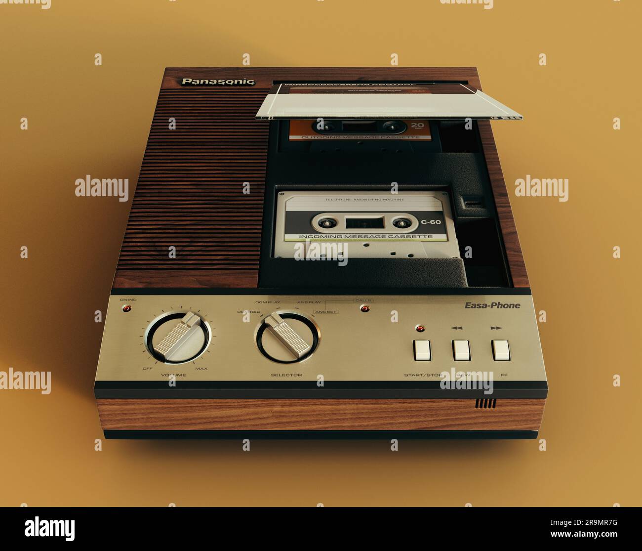 Rendering eines Panasonic-Anrufbeantworters aus den 80er Jahren im Jahr 3D auf senffarbenem gelbem Hintergrund - 07. Juni 2023 in Bristol, Großbritannien Stockfoto