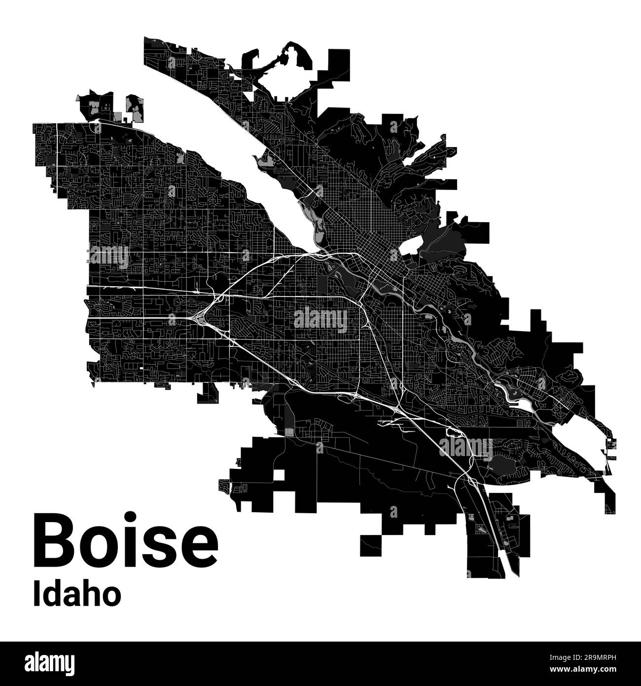 Stadtplan von Boise, Hauptstadt des US-Bundesstaats Idaho. Kommunale Verwaltungsgrenzen, Schwarzweißkarte mit Flüssen und Straßen, Parks und Eisenbahnen Stock Vektor