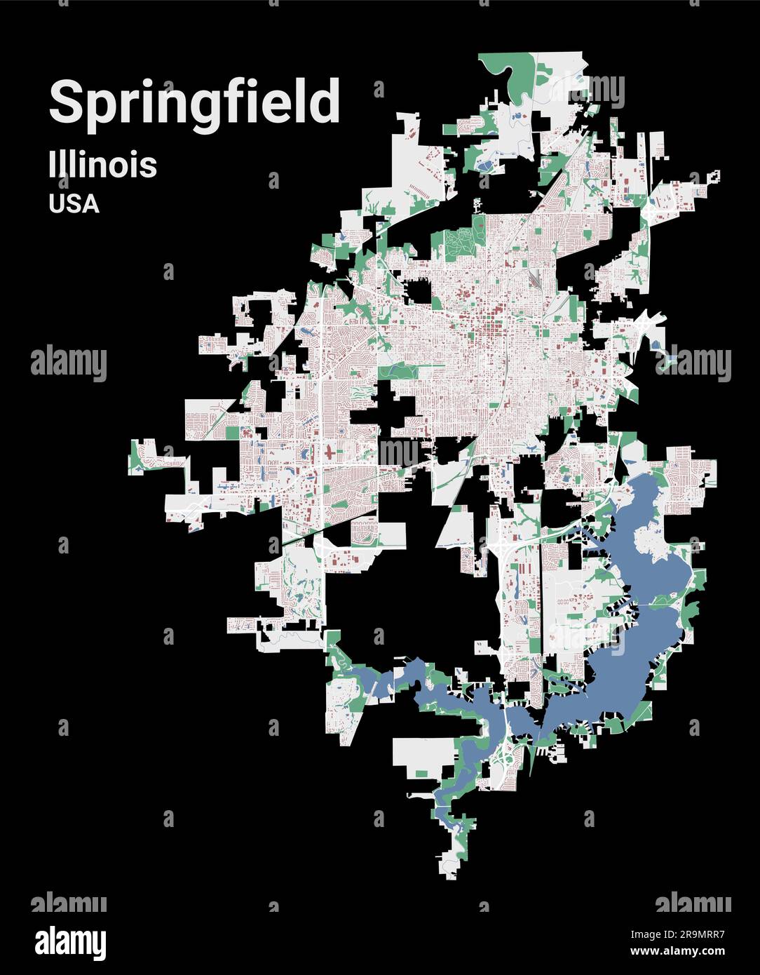 Springfield MAP, Hauptstadt des US-Bundesstaats Illinois. Stadtplan mit Gebäuden, Flüssen und Straßen, Parks und Eisenbahnen. Ve Stock Vektor