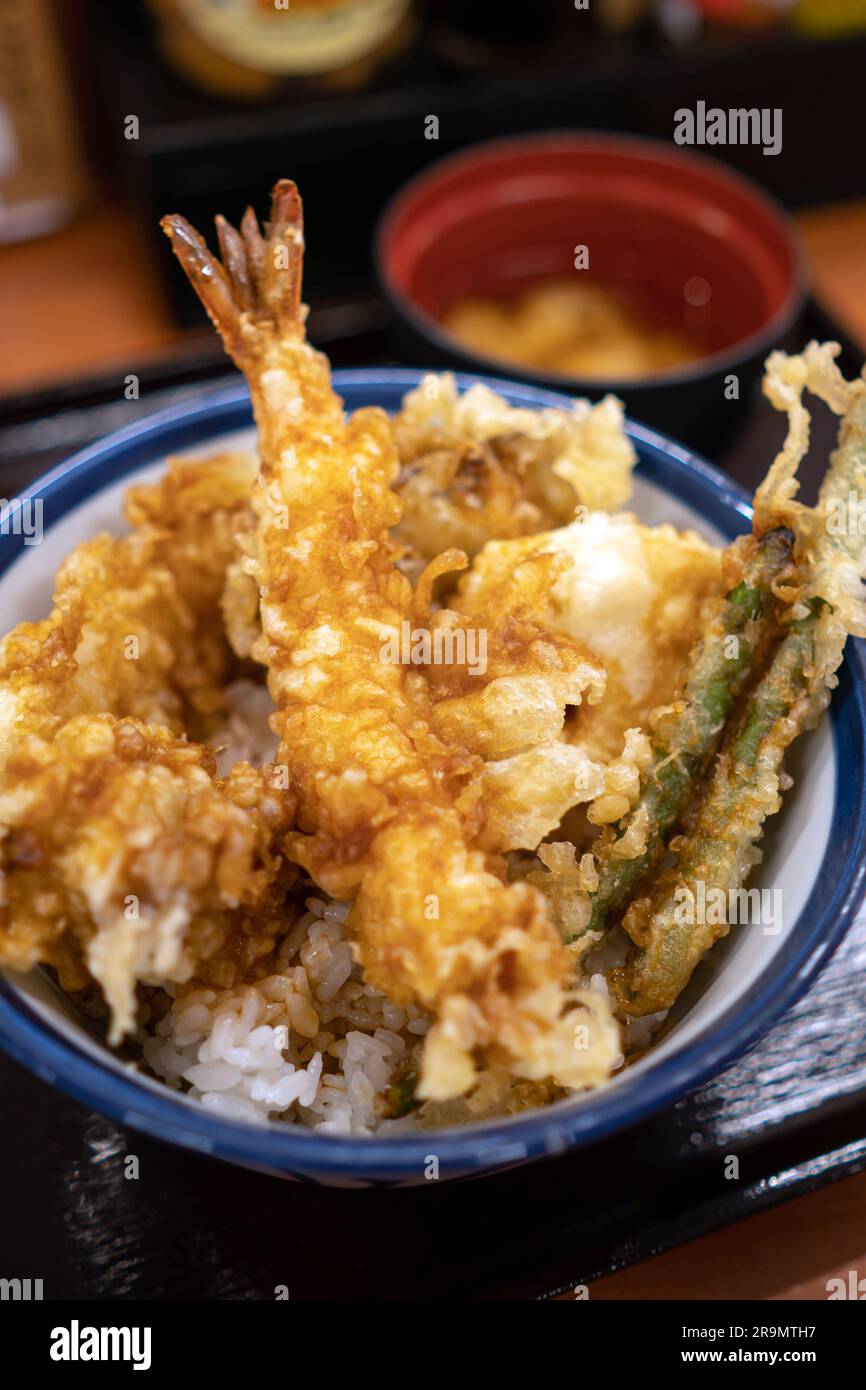 Eine Schüssel japanisches Essen, Tempura auf Reis in Tokio, Japan Stockfoto