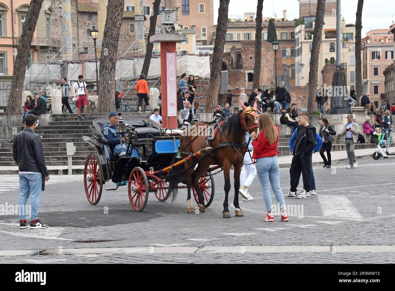 Ein Tourist, der ein Pferd streichelt, ruht zwischen Kutschfahrten im Stadtzentrum von Rom, Italien Stockfoto