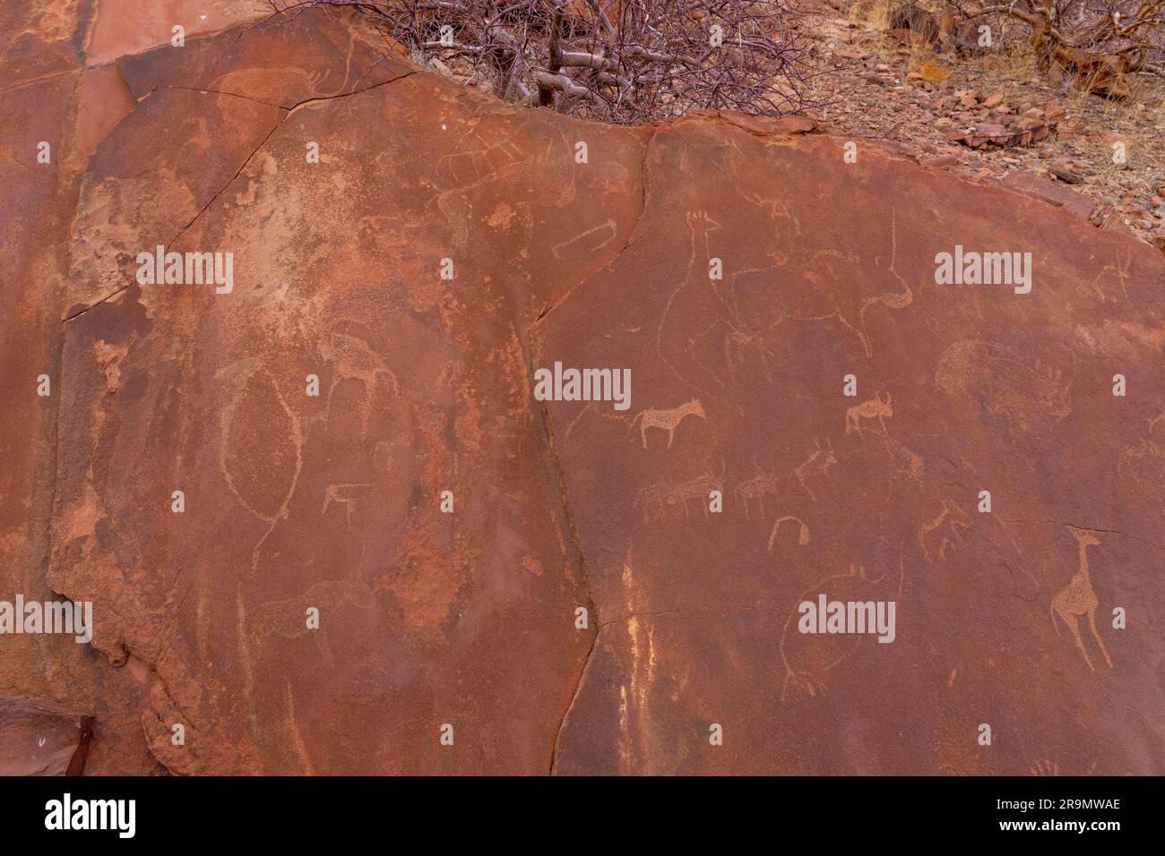 Twyfelfontein (Afrikaans: Ungewisser Frühling), offiziell bekannt als ǀUi-ǁAis (Damara/Nama: Springwasserloch), ist eine Stätte alter Felsstiche in diesem Stockfoto