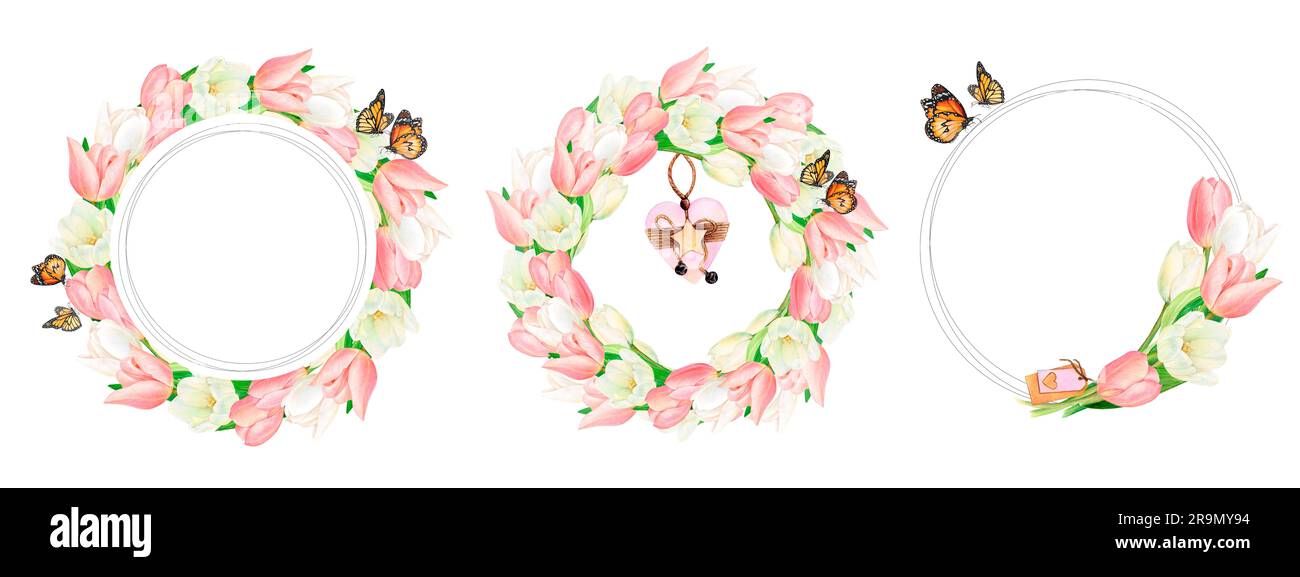 Aquarell gezeichnete Kränze aus wunderschönen pinkfarbenen und weißen Tulpenblüten und Schmetterlingen auf weißem Hintergrund. Perfekt für Aufkleber, Logo, Serviette Stockfoto