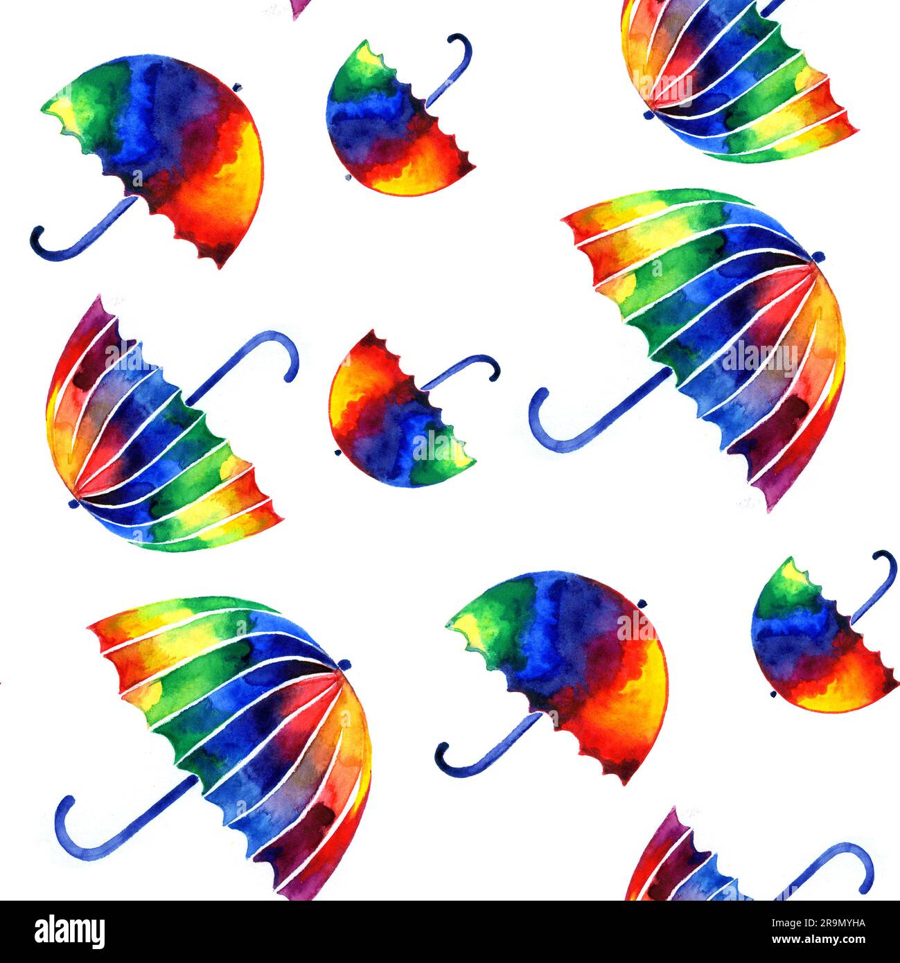 Farbenfrohe Regenbogenschirme mit nahtlosem Muster. Hintergrund mit abstrakten Regenschirmen Stockfoto