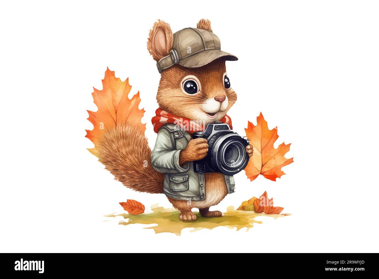 Glücklicher Eichhörnchen-Fotograf macht Herbstfotos mit seiner Kamera Stock Vektor