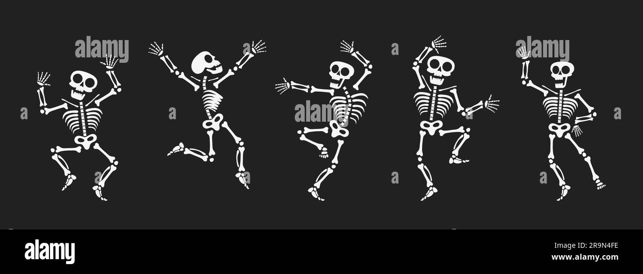 Skelette tanzen mit verschiedenen Positionen flaches Design Vektorbildungs-Set. Lustiger Tanz Halloween oder Day of the Dead Skeletons Sammlung. Stock Vektor
