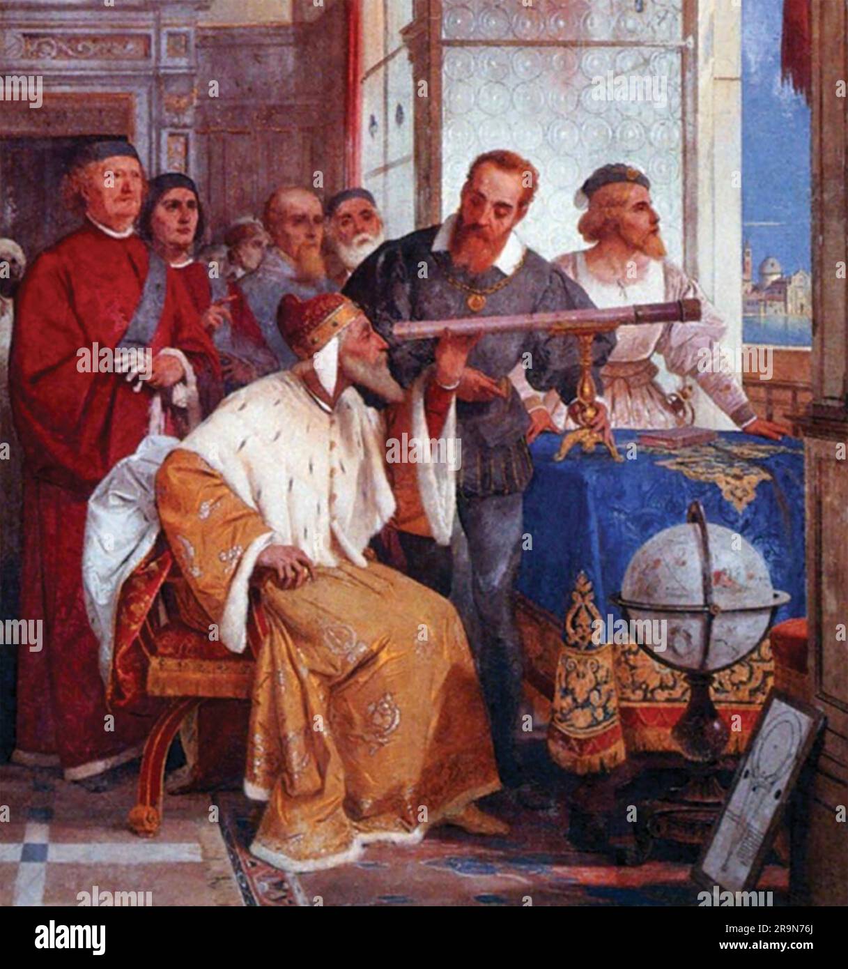 GALILEO GALILEI (1564-1642) italienischer Wissenschaftler, der dem Dogen von Venedig zeigt, wie man ein Teleskop auf einem Fresko von Giuseppe Bertini benutzt (1825-1898) Stockfoto