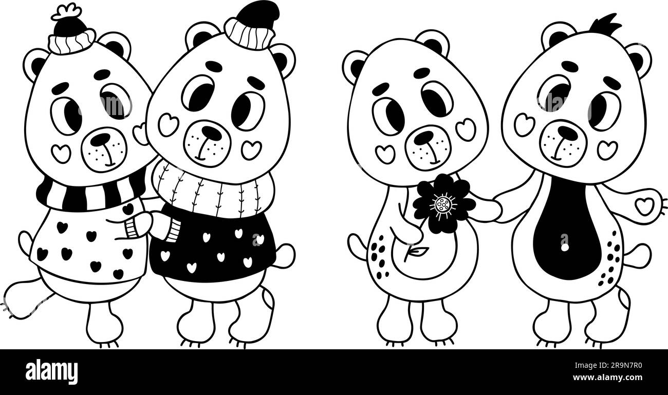 Sammlerbären lieben sich. Ein Paar süße Bären, die sich in romantischen Winterkleidung umarmen, und ein Paar Tiere mit Blumen. Vektorgrafik im Kritzelstil Stock Vektor
