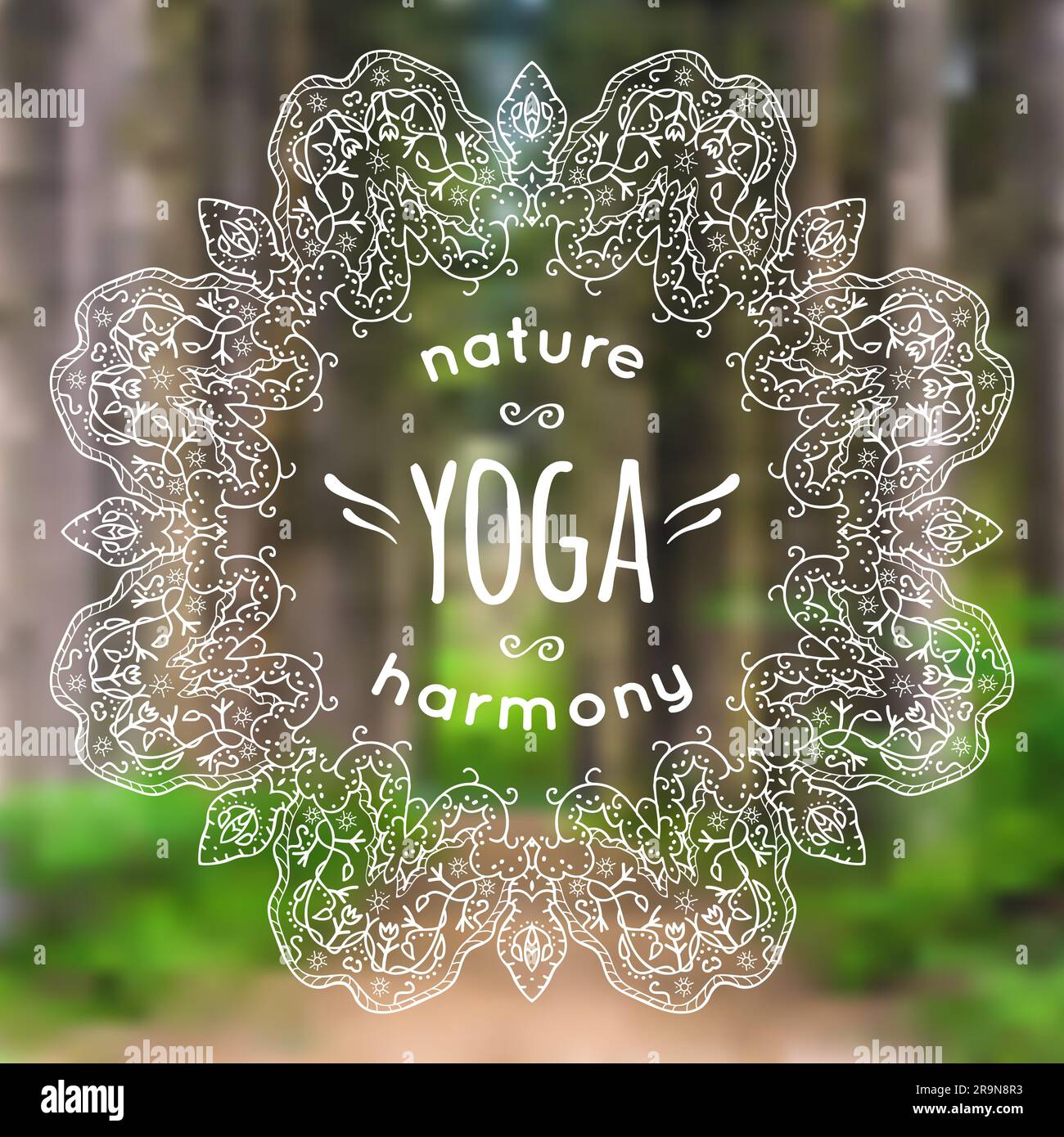 Vektordarstellung mit Mandala und Yoga-Label auf verschwommenem Naturhintergrund. Kann als Poster für Yoga-Kurse oder als Vorlage für Website verwendet werden. Stock Vektor