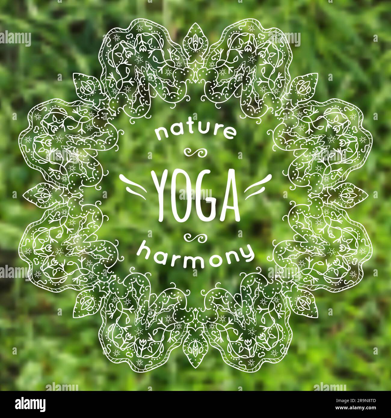 Vektordarstellung mit Mandala- und Yoga-Etikett auf unscharfem Gras-Hintergrund. Kann als Poster für Yoga-Kurse oder als Vorlage für Website verwendet werden. Stock Vektor