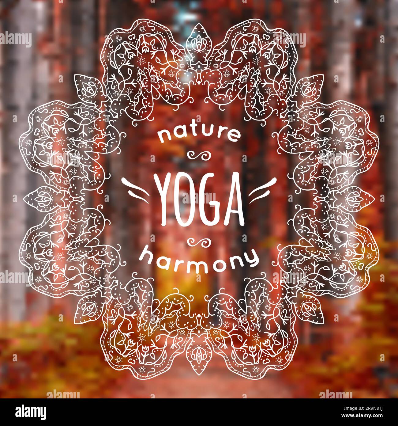 Vektordarstellung mit Mandala und Yoga-Label auf verschwommenem Naturhintergrund. Kann als Poster für Yoga-Kurse oder als Vorlage für Website verwendet werden. Stock Vektor
