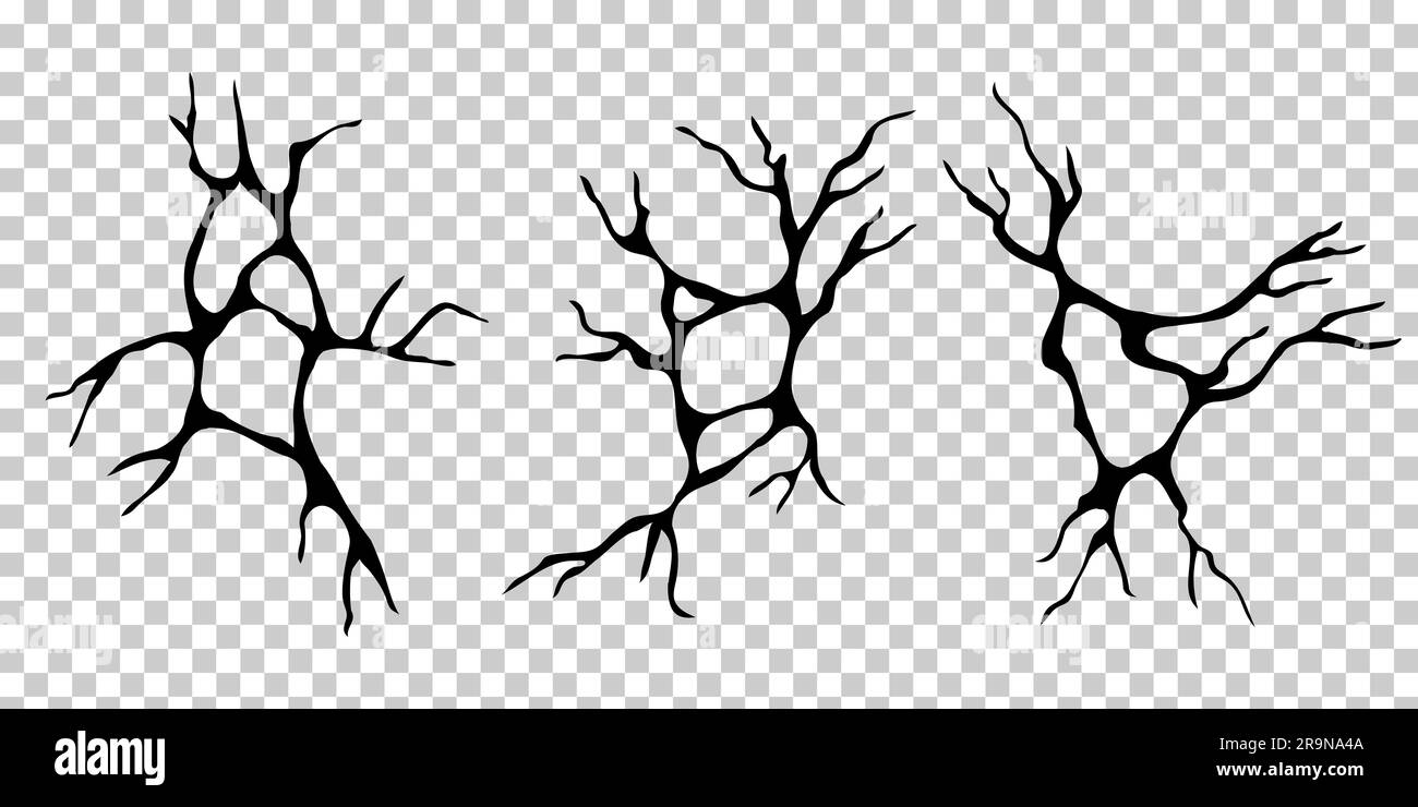 Vektorsatz mit Illustrationen von Bodenrissen, Draufsicht, zerstörte Erdbeben-Risslöcher. Sammlung realistischer beschädigter Oberflächenbeschaffenheit isoliert auf t Stock Vektor