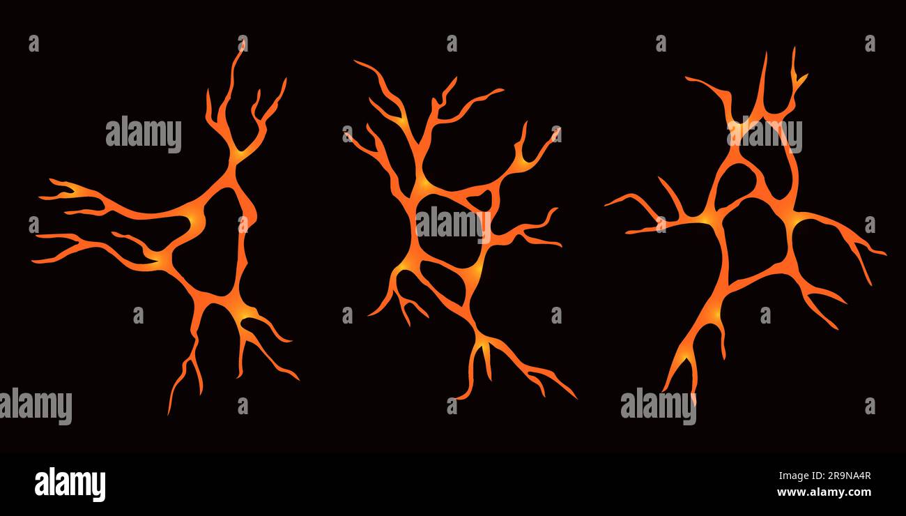 Vektorsatz mit Illustrationen von Lava-Bodenrissen, Draufsicht, zerstörten Erdbeben-Vulkan Magma, das Löcher knackt. Sammlung realistischer Feuer leuchtender Dämme Stock Vektor