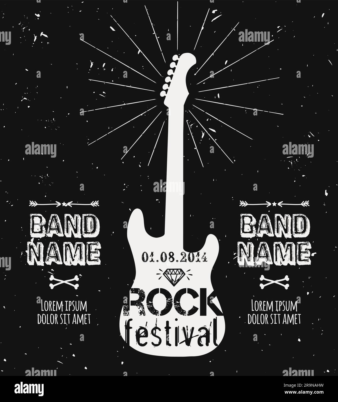 Vektor-Gitarrenetikett mit Sonnenschein-, Diamanten- und Typographieelementen. Grunge Rock and Roll Poster. Design-Vorlage für Rockfestival mit Platz für Stock Vektor