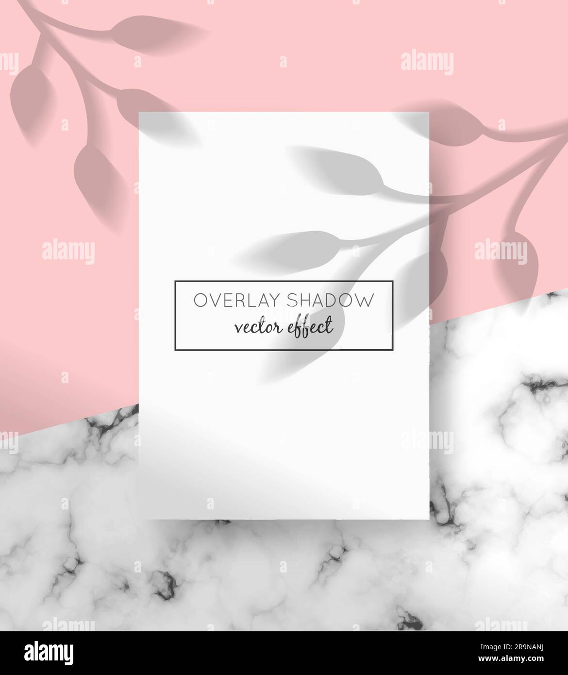 Vector A4-Kartenmodell mit Schattenüberlagerungen oben und steinernen Marmorhintergründen. Organische und Fensterschatten für natürliche Lichteffekte. Trendige, fotorealistische Bilder Stock Vektor