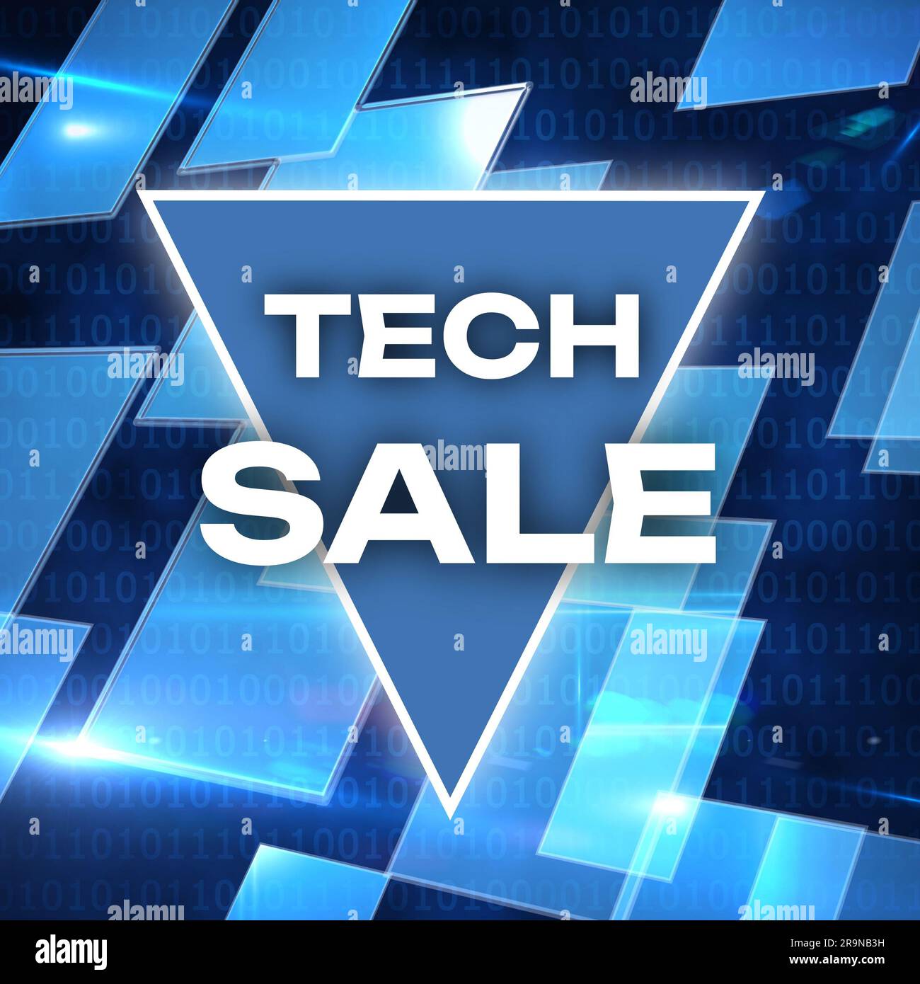 Text zum technischen Verkauf auf blauem Dreieck über reflektierenden blauen Panels und binäre Daten auf dunklem Hintergrund Stockfoto