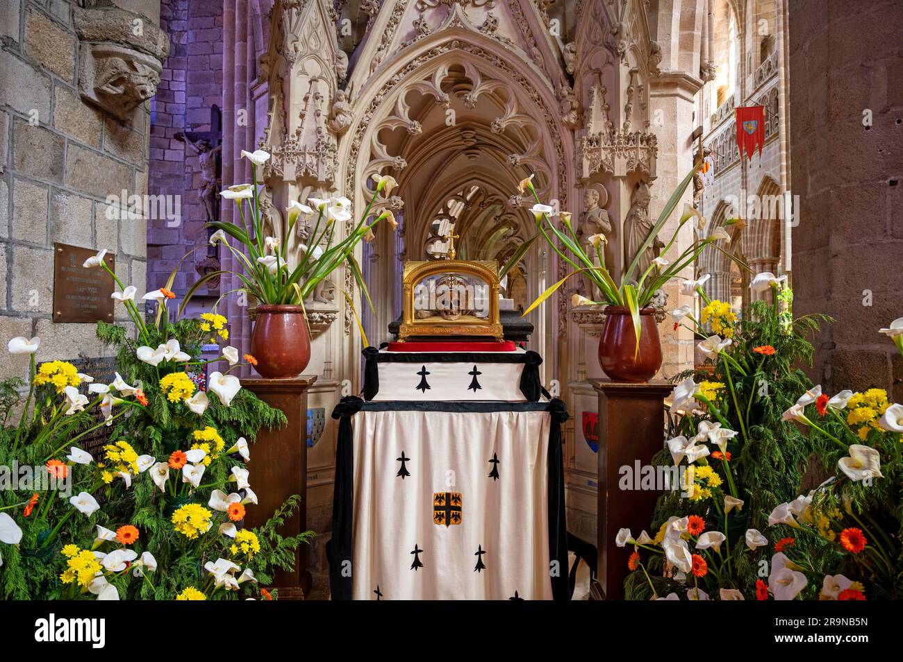 Der Schädel des Heiligen Yves in einem Reliquar auf einem Sockel in der Kathedrale Saint Tugdual in Treguier in der Bretagne, Frankreich Stockfoto