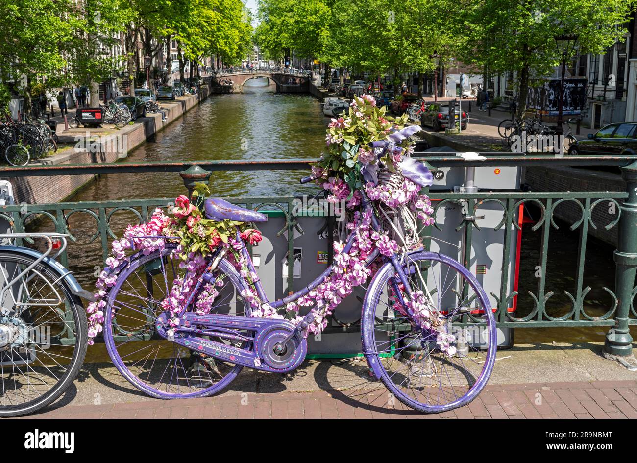 Ein Fahrrad mit Blumen in Prinsengracht, Amsterdam, Niederlande Stockfoto