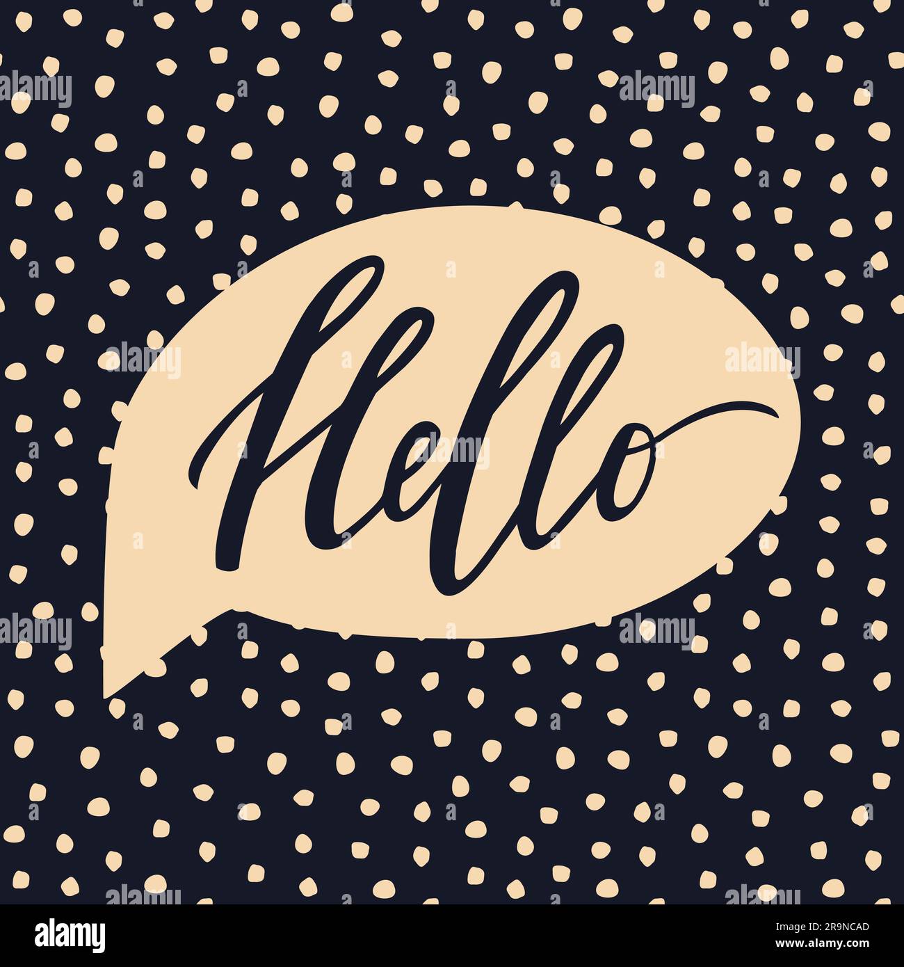 Trendige Vektordarstellung mit „Hello“-Schriftzug und Sprechblase auf handgezeichneten Punkten Texturhintergrund. Handgeschriebenes Design. Moderne Kalligraphie. Stock Vektor