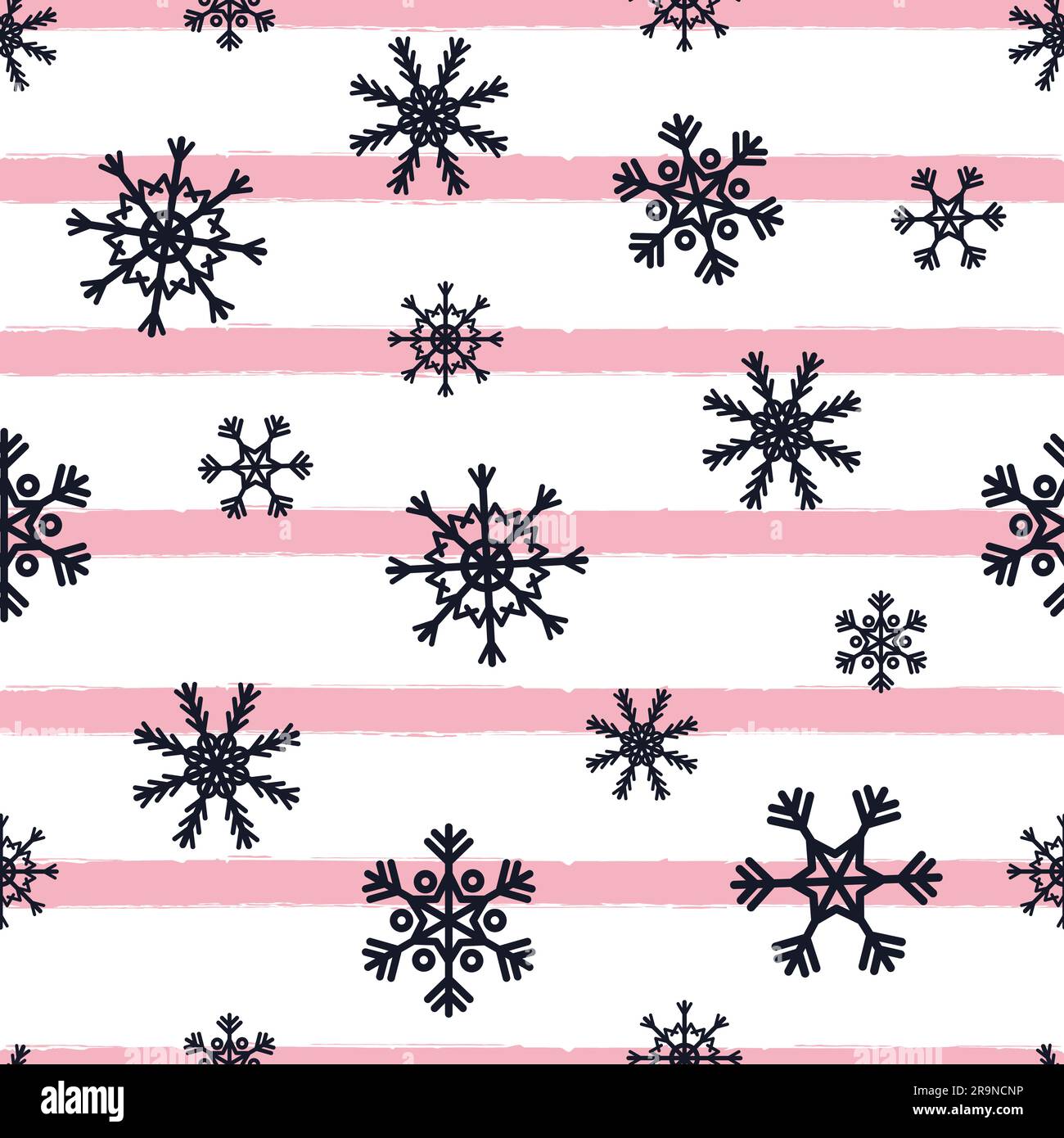 Vector Christmas Nahtloses Muster mit abstrakten schwarzen Schneeflocken und pinkfarbenen Streifen. Winterdesign Stock Vektor