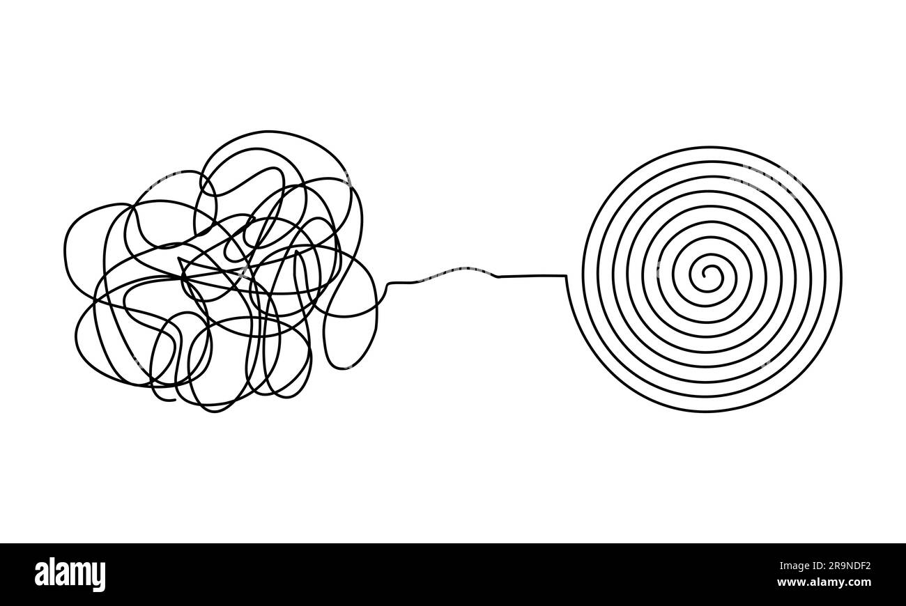 Vektordarstellung einer komplizierten Spaltlinie, die sich in ein ordentliches rundes Element auf weißem Hintergrund verwandelt. Konzept der Problemlösung, d Stock Vektor