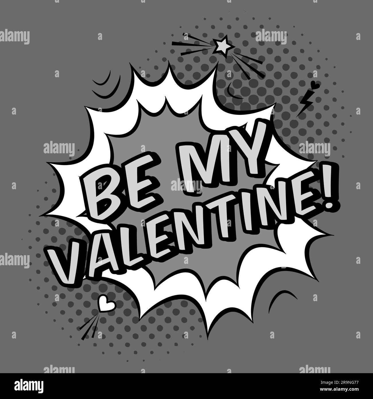 Vector monochrome romantische Illustration mit dem Zitat „Be my Valentine“. Valentinstag-Grußkarte im modernen Comic-Stil mit Halbtonhintergrund, Bu Stock Vektor