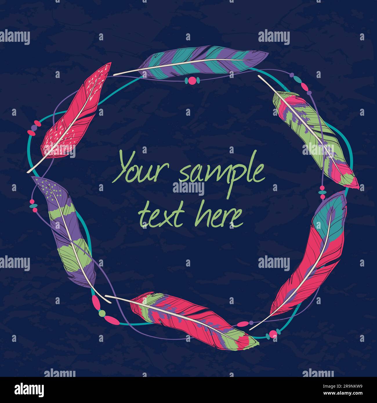 Dekorativer Vektorrahmen mit Federn, Fäden und Perlen Stock Vektor