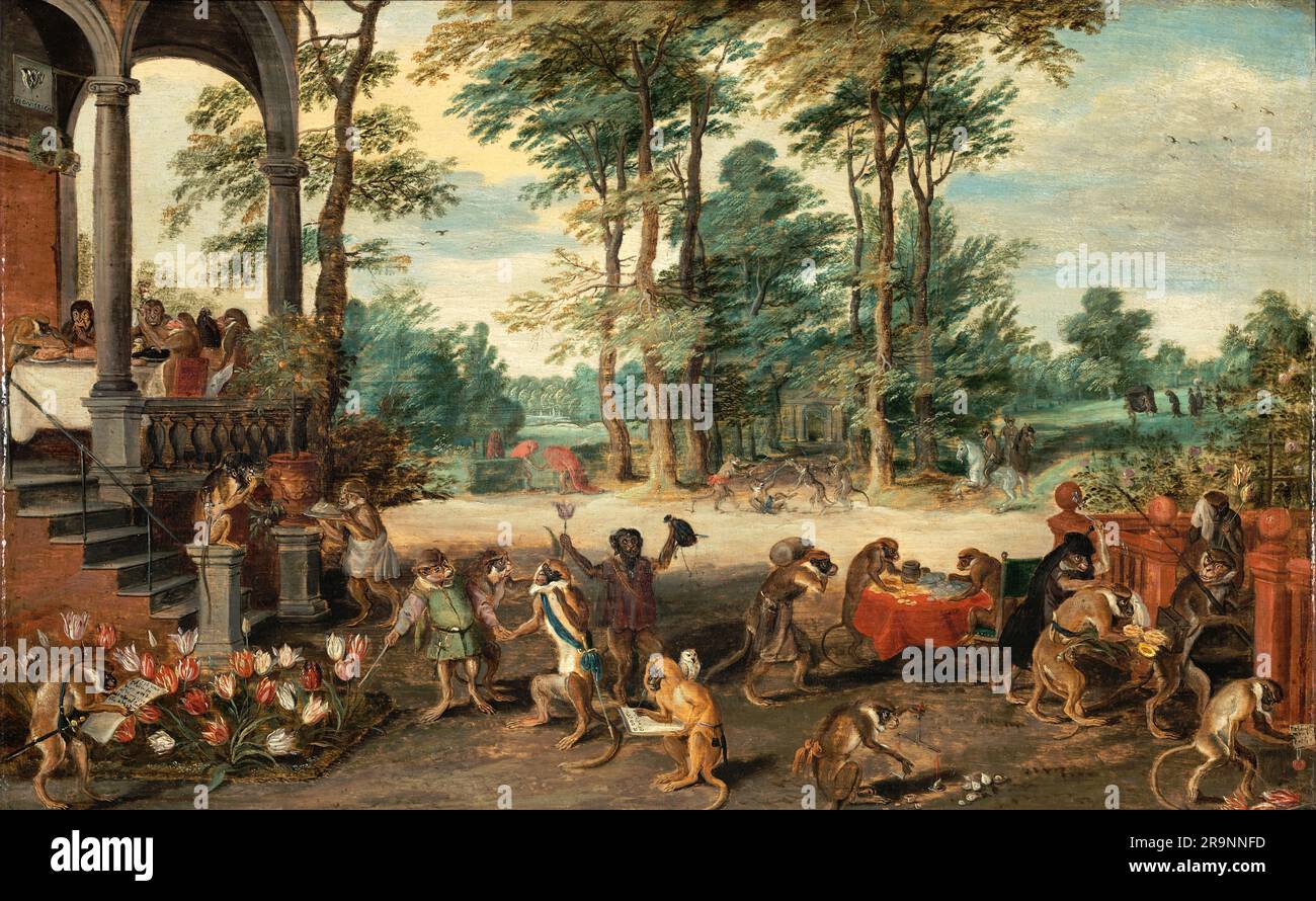 Jan Brueghel, der jüngere, Satire auf Tulip Mania, c. 1640 Affen in zeitgenössischen niederländischen Kleidern des 17. Jahrhunderts werden gezeigt, die mit Tulpen handeln. Ein satirischer Kommentar über Spekulanten während der Zeit von „Tulpenmania“, einer Wirtschaftsblase, die sich um seltene Tulpenknollen drehte. Auf der linken Seite zeigt ein Affe auf blühende Tulpen, während ein anderer eine Tulpe und einen Geldbeutel hochhält. Glühbirnen werden gewogen, Geld wird gezählt, ein üppiges Geschäftsessen wird genossen. Der Affe auf der linken Seite hat eine Liste seltener Tulpen, sein Schwert steht für den Status der Oberschicht. Weiter hinten sitzt ein Affe wie ein Edelmann auf einem Pferd. Eine im mittleren Vordergrund Stockfoto