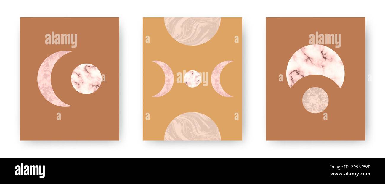 Vektorset mit trendigen bedruckbaren Karten mit Bo-Ho-Stein aus der Mitte des Jahrhunderts und strukturierten Marmorformen von Mond und Planeten. Abstrakte zeitgenössische Ästhetik Stock Vektor