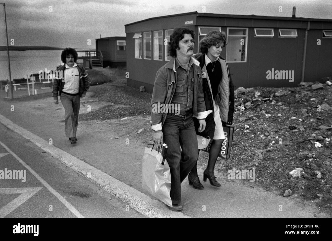 Nordseeöl am Sullom Voe Terminal im Bau. Bauarbeiter, die Baustelle unterbringen. Sullom Voe, Shetlands Festland, Shetland Islands, Schottland um 1979. 1970er HOMER SYKES Stockfoto