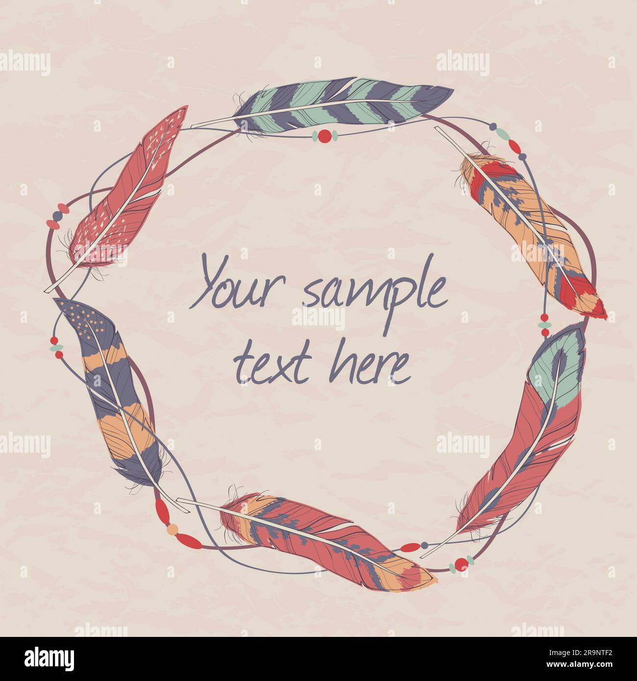 Dekorativer Vektorrahmen mit Federn, Fäden und Perlen Stock Vektor