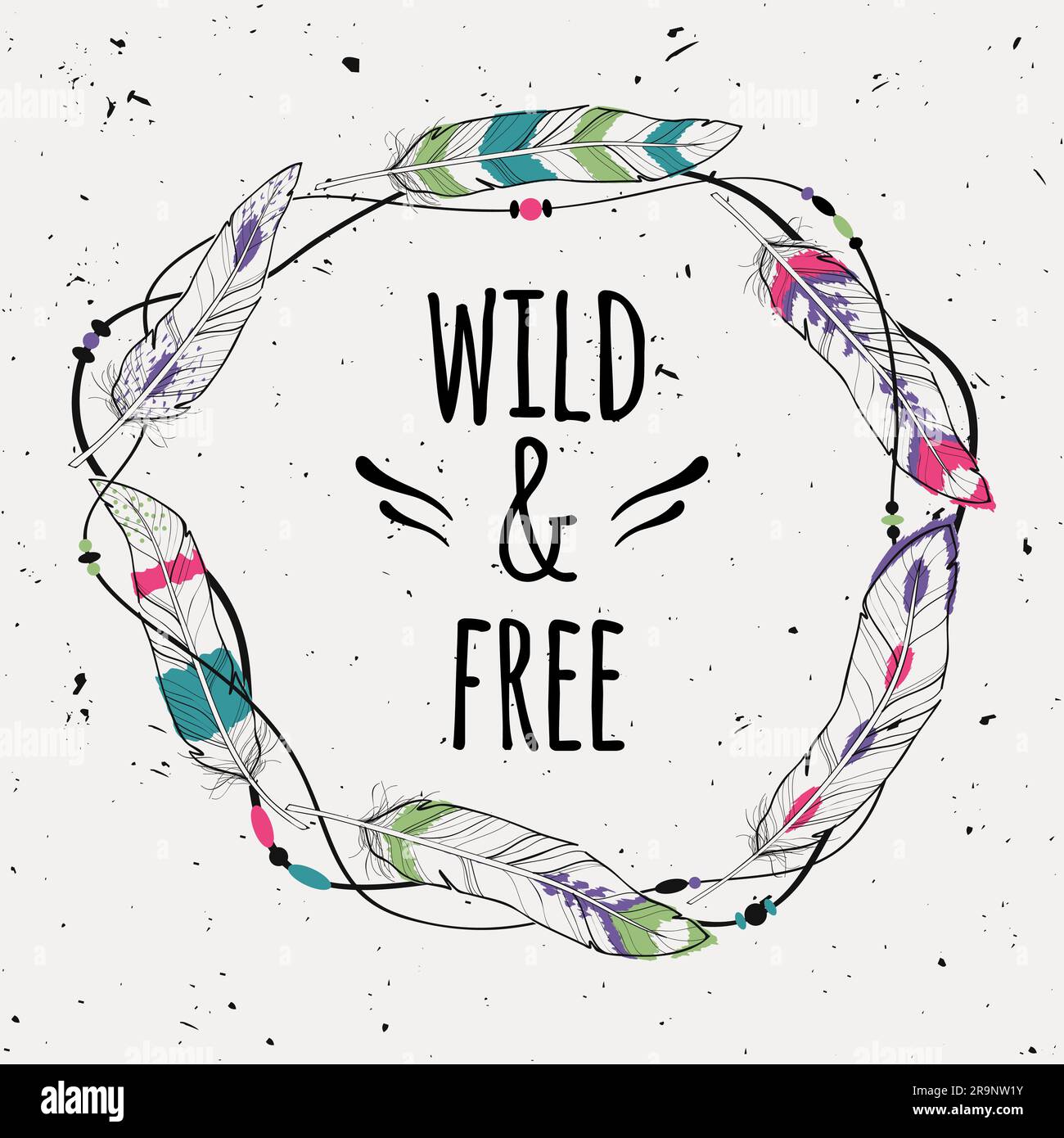 Vektorposter mit dekorativem Rahmen aus Federn, Fäden und Perlen mit dem Text „Wild and Free“ Stock Vektor