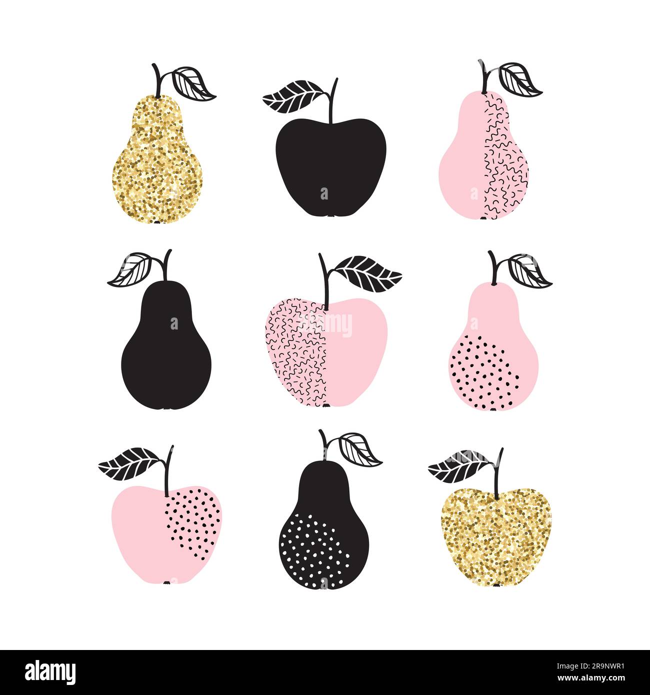 Vektorset mit Äpfeln und Birnen in goldenen, glitzernden und pastellfarbenen Farben. Trendiges skandinavisches Design für Grußkarten, Poster und Modedrucke. Stock Vektor
