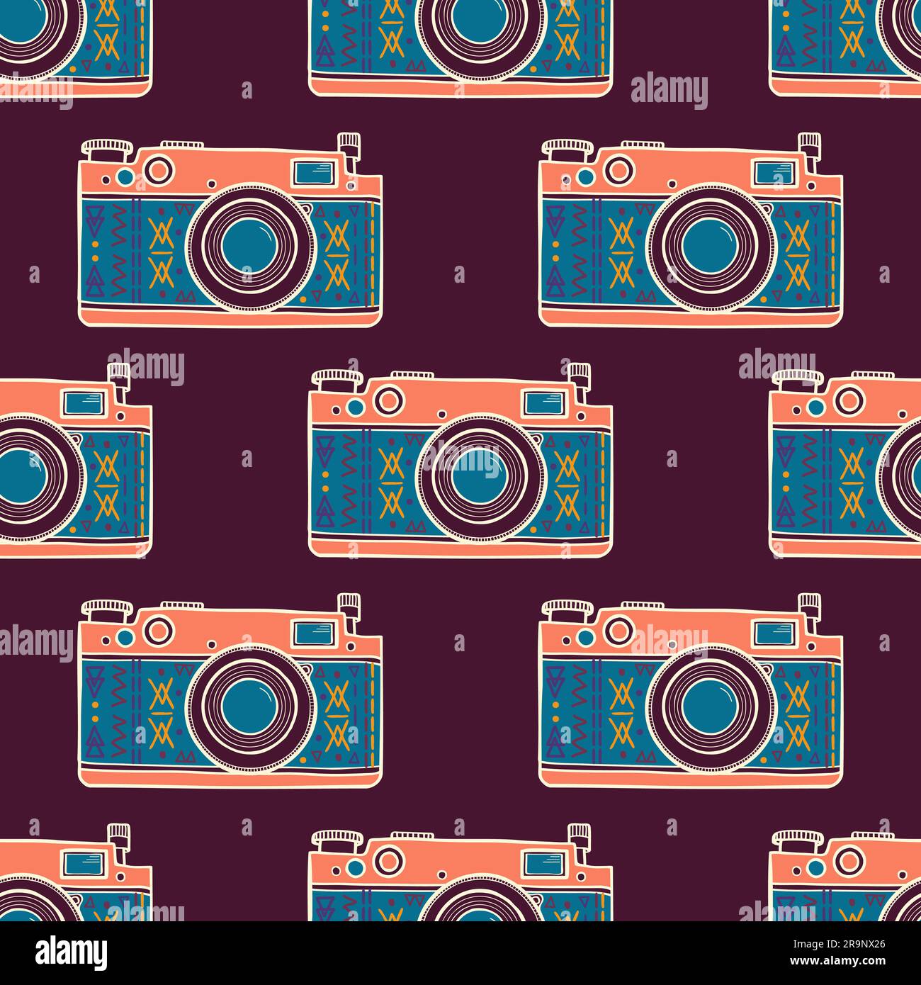 Vector farbenfrohes, nahtloses Vintage-Muster mit Retro-Kameras. Trendiger Hipster-Style Stock Vektor