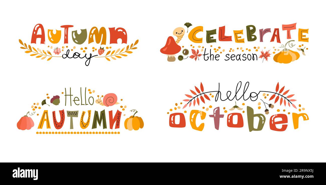 Satz handgeschriebener Aufkleber für Schriftzüge der Herbstsaison. Herbstausdrücke mit niedlichen und gemütlichen Designelementen. Stock Vektor