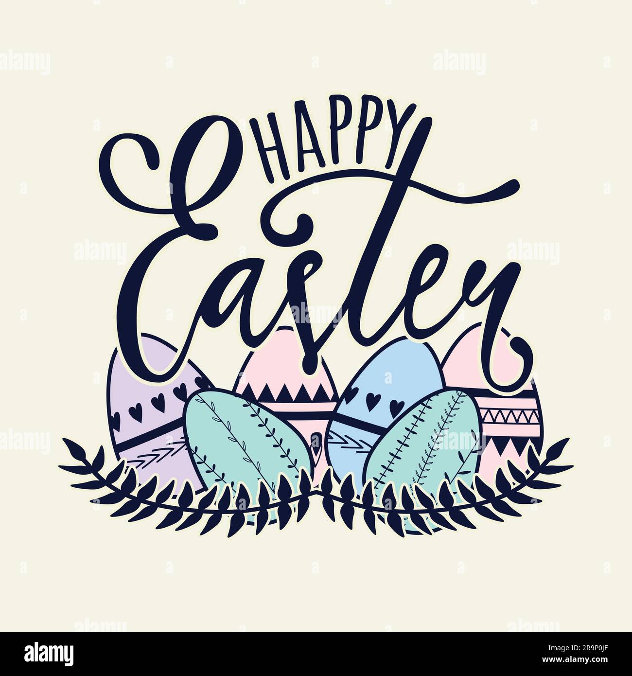 Vector Happy Easter Illustration mit dekorativen Eiern. Grußkarte mit Blumenelementen und Schriftzug. Stock Vektor